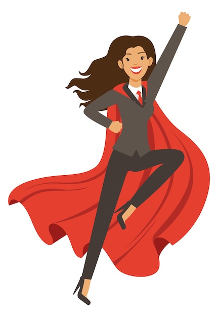 Vector mujer de negocios, con, superpoder, vuelo, mujer, en, capa roja