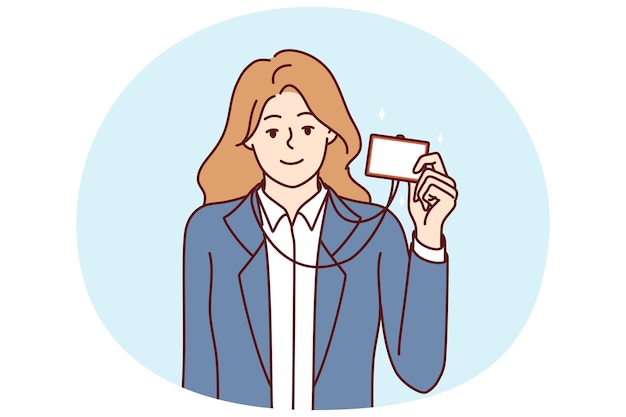 Mujer de negocios con tarjeta de identificación para acceder a la habitación o para presentarse al reunirse con un colega