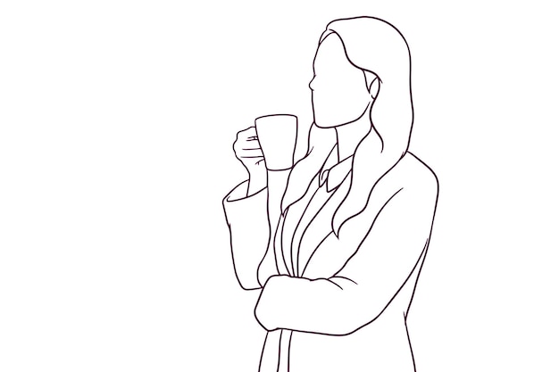 Mujer de negocios toma una taza de café mientras está de pie ilustración vectorial de estilo dibujado a mano