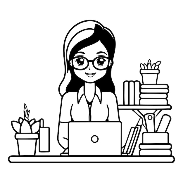 Vector mujer de negocios trabajando en una computadora portátil en el escritorio de la oficina ilustración vectorial en estilo de dibujos animados