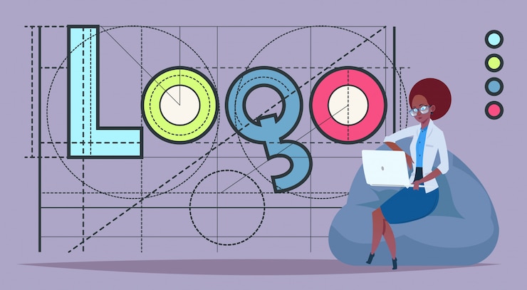 Vector mujer de negocios trabajando en una computadora portátil sobre un logotipo creativo de diseño gráfico.