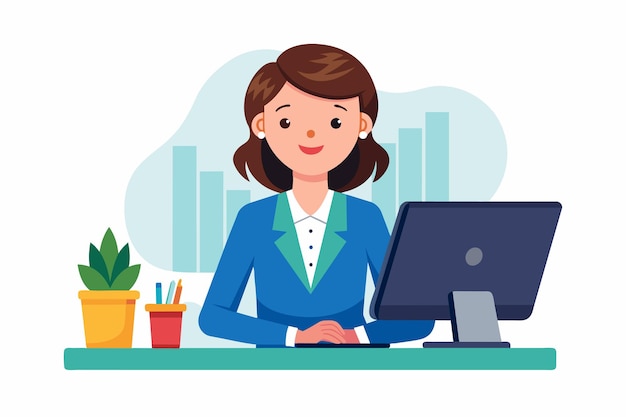 Mujer de negocios trabajando en un escritorio con una planta verde generada por la IA