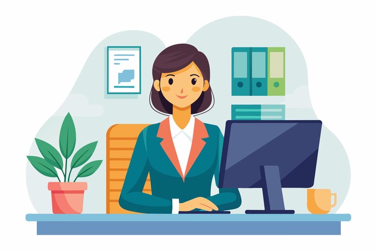 Vector mujer de negocios trabajando en un escritorio con una planta verde generada por la ia