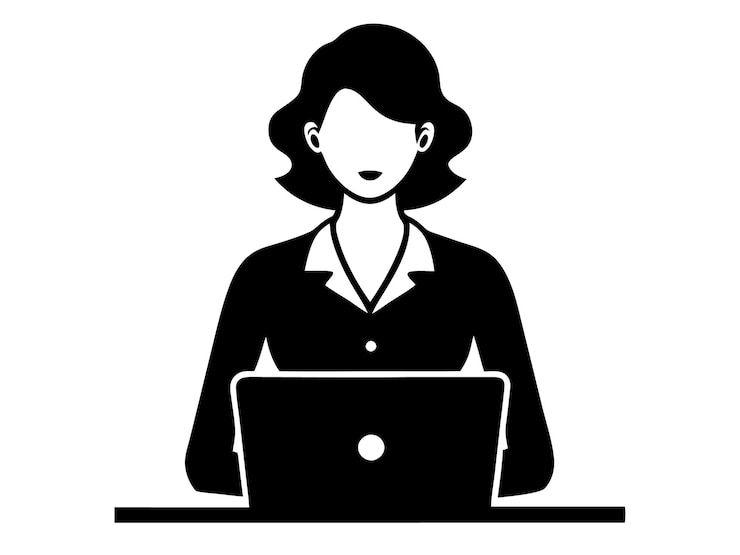 Vector mujer de negocios trabajando en una ilustración vectorial de silueta negra en una computadora portátil