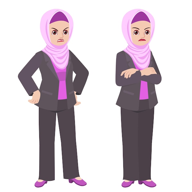 mujer de negocios en traje y con hijab de pie posa infeliz y enojada