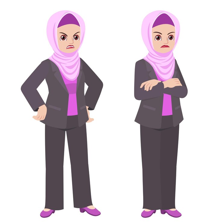 mujer de negocios en traje y con hijab de pie posa infeliz y enojada