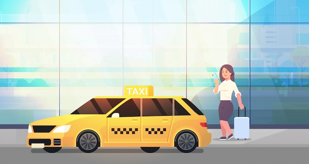 Vector mujer de negocios usando la aplicación móvil para pedir un taxi en la calle mujer de negocios en ropa formal con equipaje cerca del servicio de transporte de la ciudad de taxi amarillo