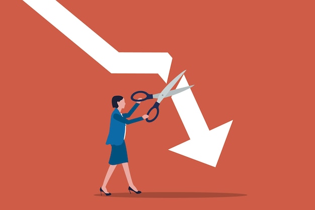 Mujer de negocios usando tijeras para cortar la flecha que cae hacia abajo concepto de dejar de perder activos de la volatilidad del mercado de valores