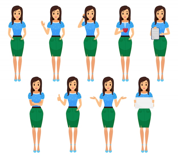 Mujer de negocios en varias poses. Ilustración de vector femenino