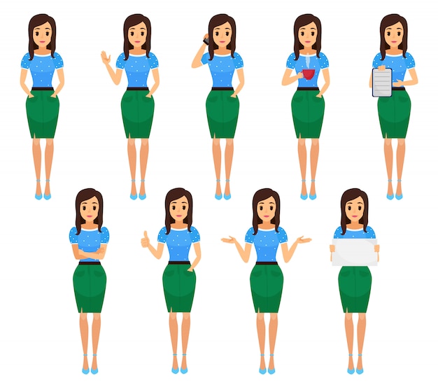 Mujer de negocios en varias poses. ilustración de vector femenino