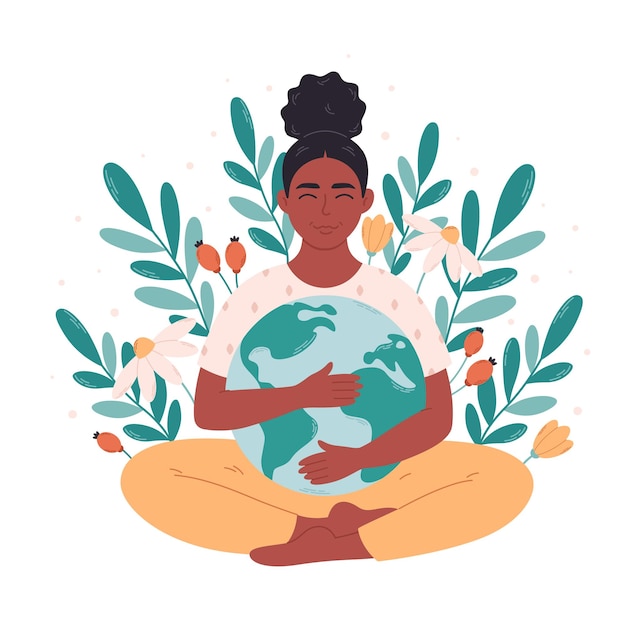Mujer negra abrazando el globo terrestre Día de la Tierra salvando el planeta la naturaleza protegiendo la conciencia ecológica