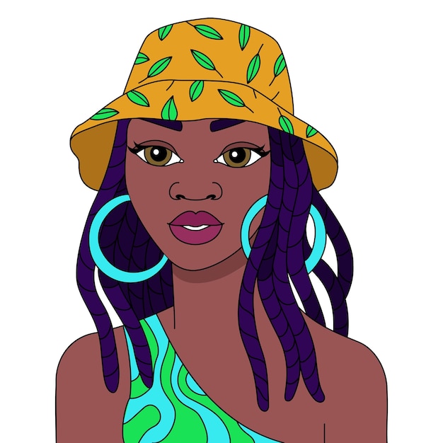 Mujer negra africana trenzas peinado con gorro de verano chica afro vector ilustración para colorear