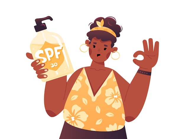 Vector mujer negra afroamericana con loción de protección solar spf chica con piel oscura aplica crema de protección solar