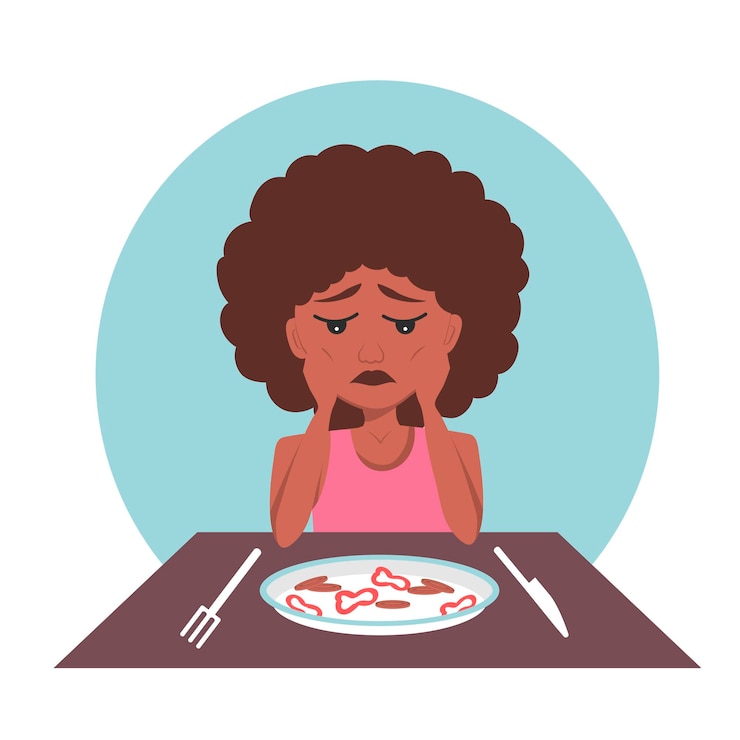 Vector mujer negra afroamericana muy delgada con trastorno mental anarexia y bulimia mira un plato de comida dietética y tiene miedo de comer insatisfecha con su peso quiere perder más peso