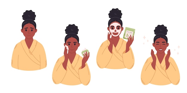 Mujer negra aplicando crema cosmética orgánica en la cara, mascarilla facial. cuidado de la piel del rostro