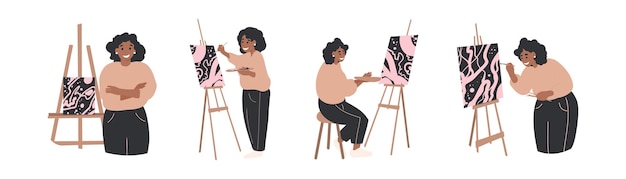 Mujer negra Artista pintando cuadro sobre lienzo, caballete, mujer creativa haciendo obras de arte, colección