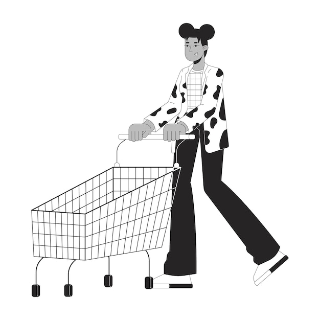 Mujer negra con carrito de compras personaje de dibujos animados en 2D en blanco y negro
