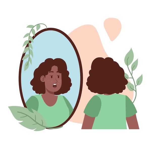 Vector mujer negra chica con cabello corto shock con acné en el espejo viendo cara ilustración con hojas decoración