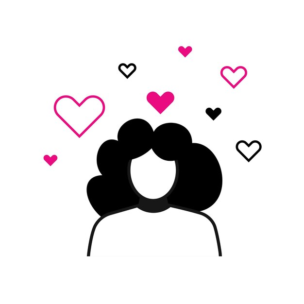 Mujer negra con corazones rosados y negros alrededor de su cabeza