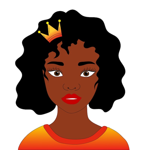 mujer negra, con, corona, en, ella, cabeza, vector, ilustración, de, un, niña negra, reina, con, pelo rizado