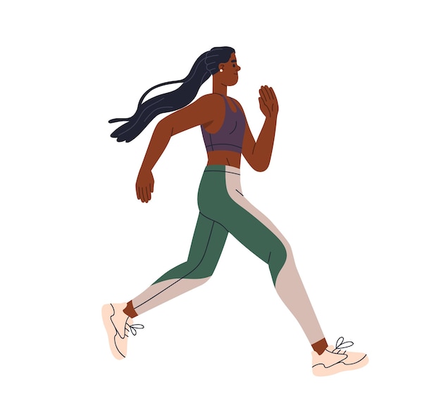 Mujer negra corriendo Atleta femenina en ropa deportiva haciendo ejercicio Entrenamiento de resistencia Entrenamiento cardiovascular Corredor activo saludable Corredor corriendo Ilustración vectorial plana aislada sobre fondo blanco