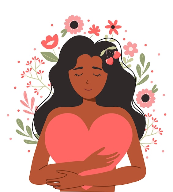 Mujer negra cuerpo feliz amor propio positivo Una mujer abraza un gran corazón Ilustración vectorial