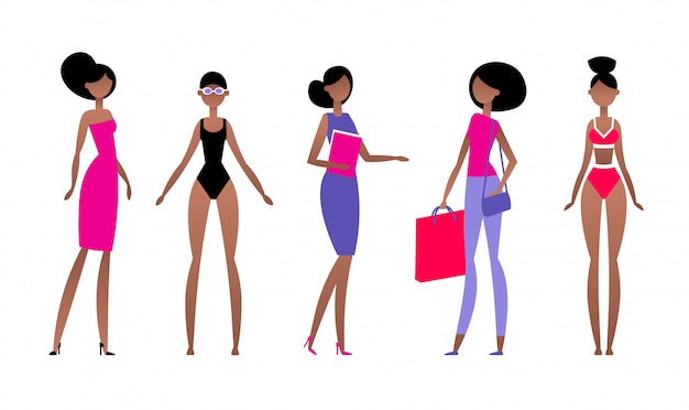 Vector mujer negra en diferentes estilos de ropa, con diferentes peinados y poses. modelo en estilo plano abstracto simple. ilustración
