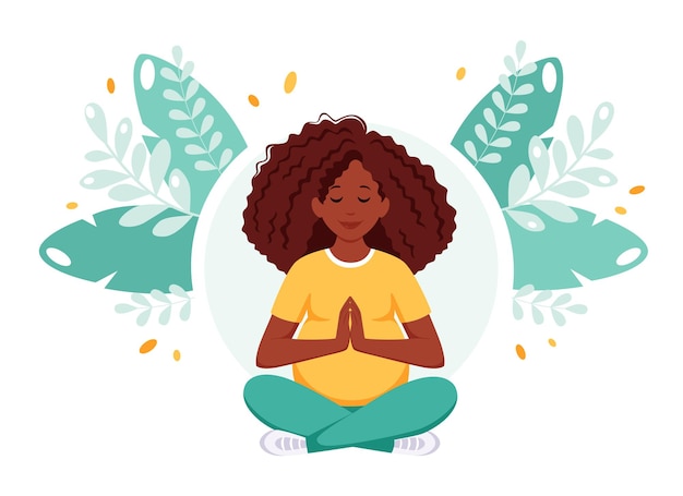 Mujer negra embarazada meditando en posición de loto Concepto de salud del embarazo