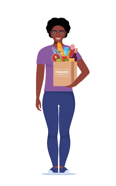 Una mujer negra está de pie con una bolsa de papel de comestibles Una chica comprando comida verduras pan Comerciando comestibles
