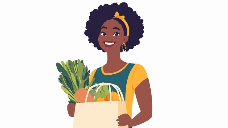 Vector mujer negra feliz comprando comestibles con bolsa de papel