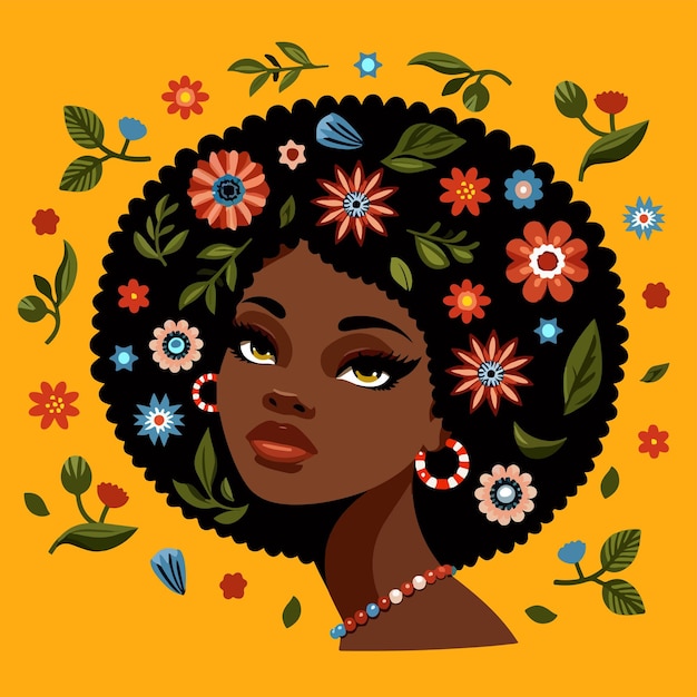 Mujer negra con flores en el cabello