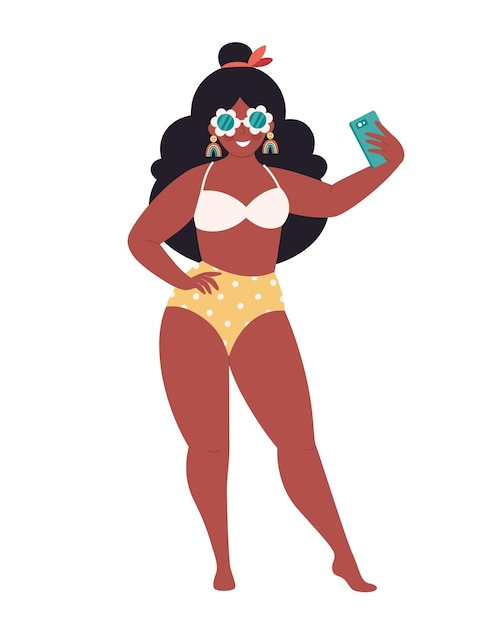 Mujer negra con gafas retro y traje de baño haciendo selfie o grabando video Hola verano