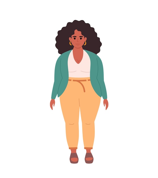 Mujer negra joven moderna con sobrepeso en ropa casual. Aspecto de moda con estilo