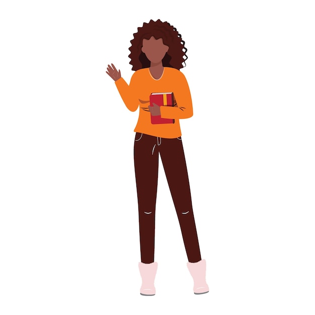 Vector mujer negra con un libro ilustración sin rostro en estilo plano