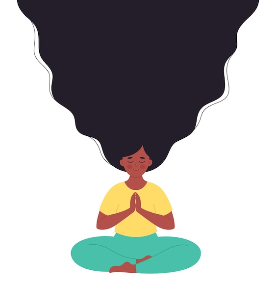 Mujer negra meditando en postura de loto ejercicio de respiración de yoga de estilo de vida saludable