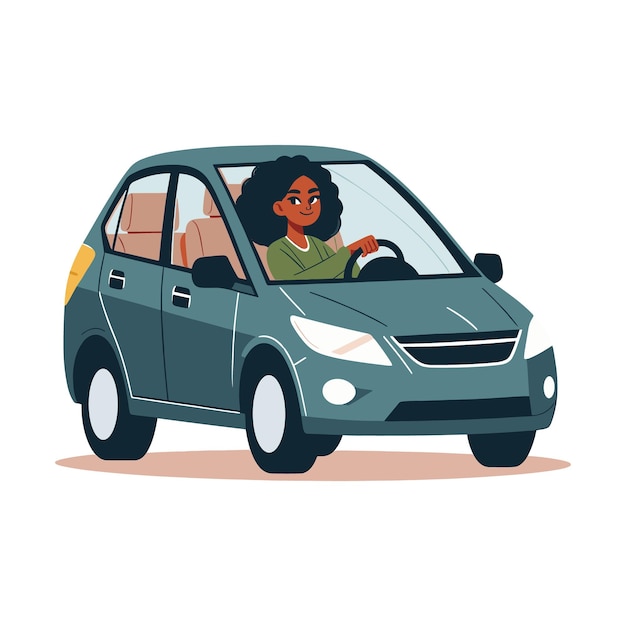 Vector mujer negra montando un coche plano ilustración vectorial de diseño