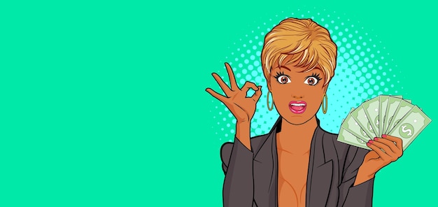 Mujer negra mostrando dinero y mostrando gesto bien copia espacio para banner estilo cómico retro del arte pop.