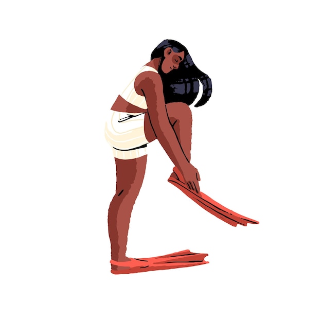 Mujer negra poniéndose aletas de goma pies aletas Turista nadadora usando equipo de natación en la pierna preparándose para las vacaciones de verano de buceo Ilustración vectorial plana aislada en fondo blanco