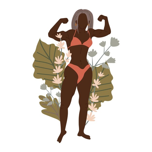 Mujer negra, posar, como, culturista, vector, clipart