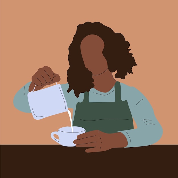 Mujer negra que trabaja como barista vierte café procesado y leche en un vaso. vector dibujado a mano