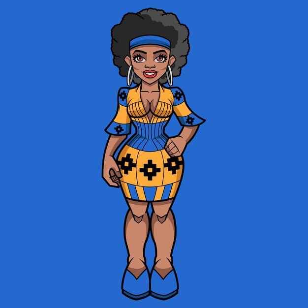 Mujer negra en ropa africana coloreada en azul.