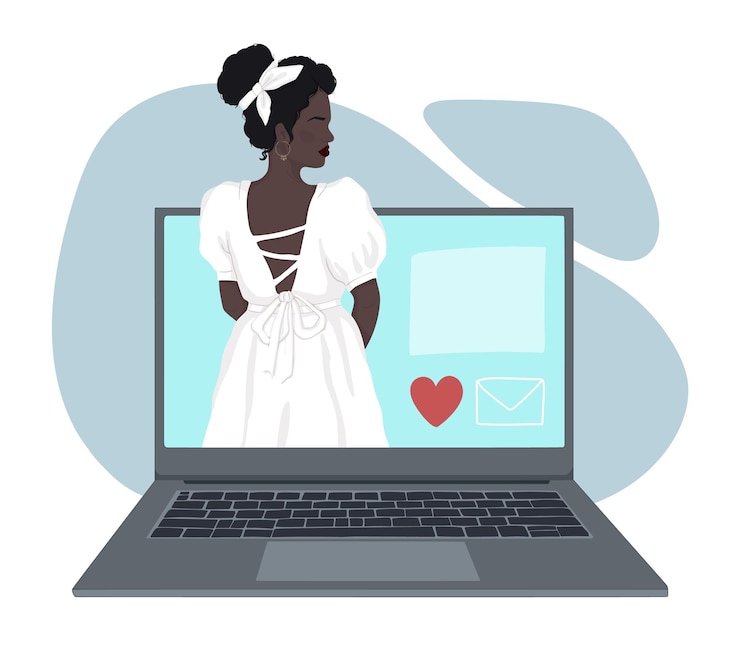 Vector una mujer negra sin rostro con un vestido blanco se para en una ilustración de monitor de computadora portátil para citas en línea