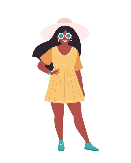 Mujer negra con sombrero y gafas retro. hola verano, verano, vacaciones.