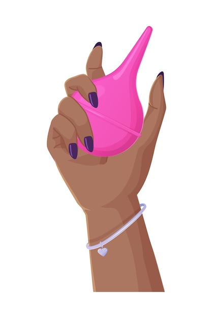 Vector mujer negra sosteniendo enema de goma rosa o clyster herramienta de desintoxicación corporal de limpieza médica en estilo de dibujos animados