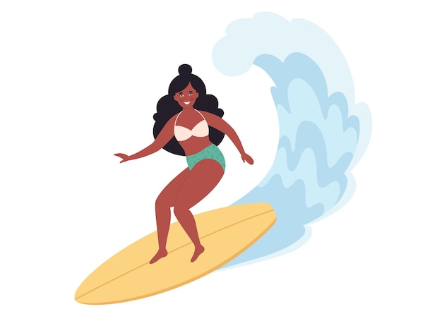 Vector mujer negra surfeando en tabla de surf y atrapando olas en el océano actividad de verano surf de verano