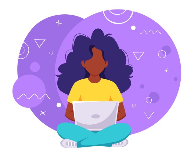 Mujer negra, trabajando, en, computador portatil