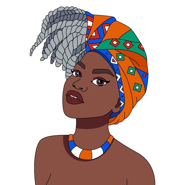 mujer negra, con, trenzas, headwrap, moderno, afro, niña, peinado, vector, colorido, ilustración