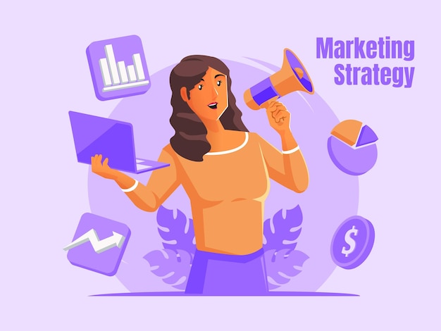 Mujer negra usando laptop y megáfono Concepto de estrategia de marketing