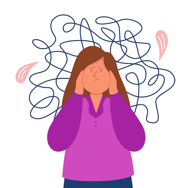 Vector mujer nerviosa pensando en trauma o dolor de cabeza. niña enferma con ansiedad o neurosis, colapso mental, pánico, caos, desesperación ilustración vectorial plana. salud mental, estrés, concepto de depresión