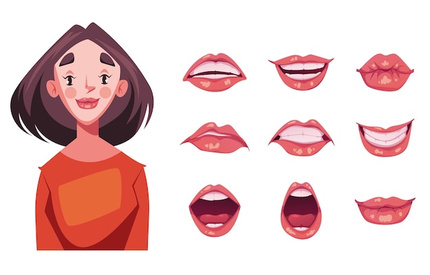 Vector mujer niña personaje animado con cara labios boca expresión aislado conjunto concepto